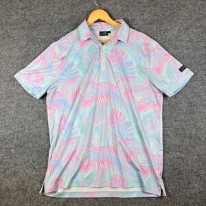 Sunday Swagger Golf Polo Shirt Mens L Blue Pink Palm Leaves Floral Stretch